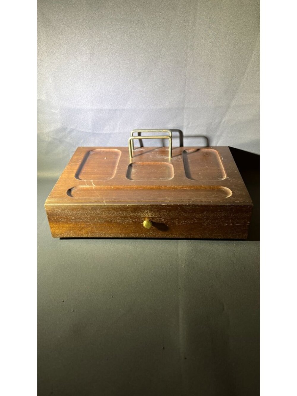 Vintage MCM Wooden Desktop Organizer With Red Velvet-Lined Drawer & Brass Handle